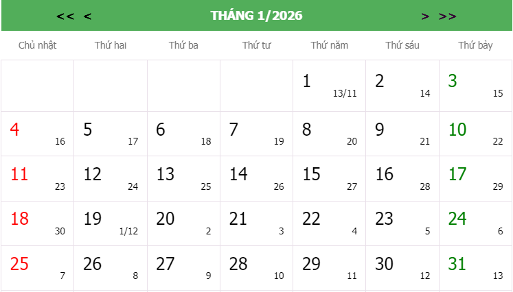 Lịch âm 2026