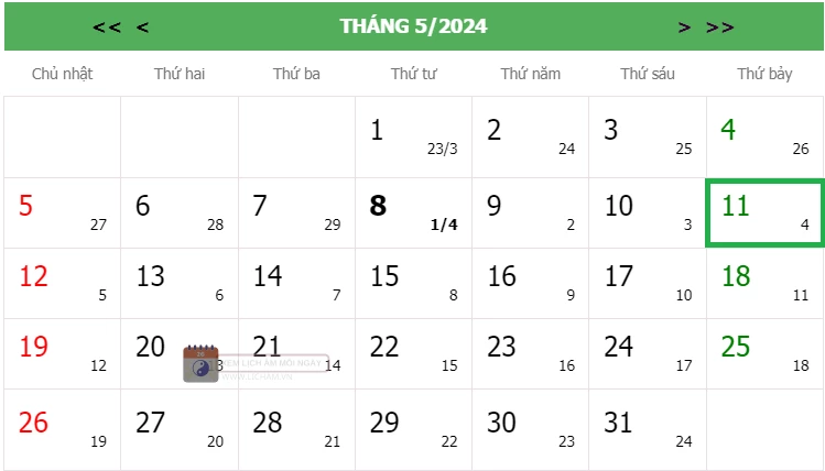 Lịch âm 11/5 - Âm lịch hôm nay 11/5 chính xác nhất - lịch vạn niên 11/5/2024