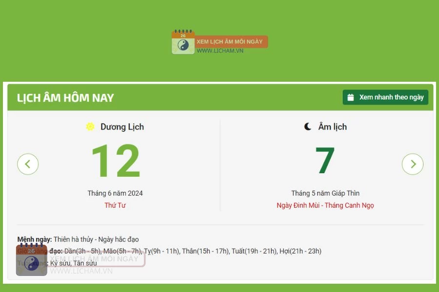 Lịch âm 12/6 - Âm lịch hôm nay 12/6 licham vn - lịch vạn niên 12/6/2024