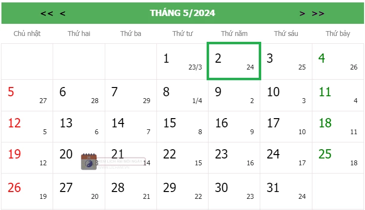 Lịch âm 2/5 - Âm lịch hôm nay 2/5 chính xác nhất - lịch vạn niên 2/5/2024