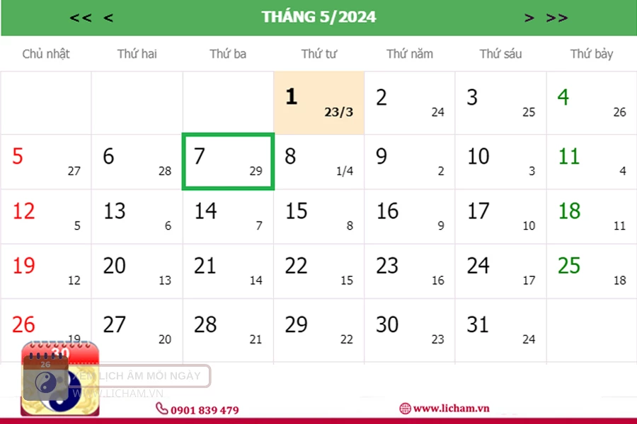 Lịch âm 7/5 - Âm lịch hôm nay 7/5 chính xác nhất - lịch vạn niên 7/5/2024