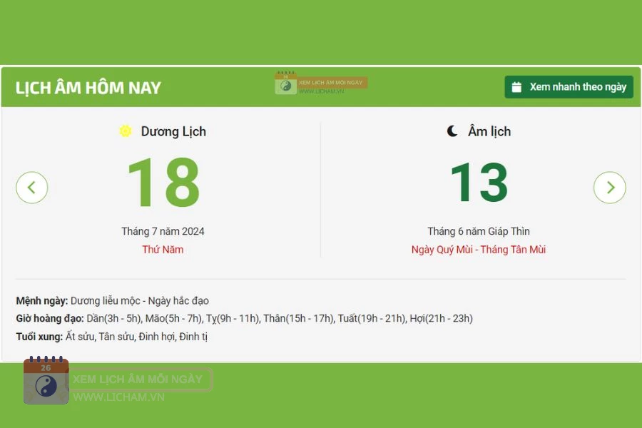 Lịch âm 18/7 - Âm lịch hôm nay 18/7 licham vn - lịch vạn niên 18/7/2024