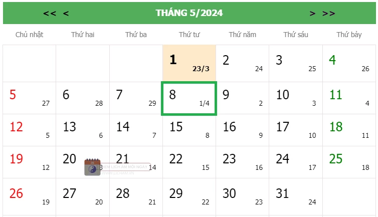 Lịch âm 8/5 - Âm lịch hôm nay 8/5 chính xác nhất - lịch vạn niên 8/5/2024