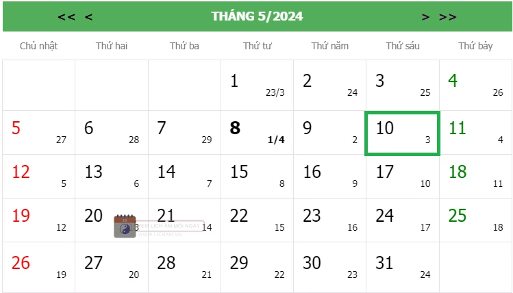 Lịch âm 10/5 - Âm lịch hôm nay 10/5 - lịch vạn niên 10/5/2024