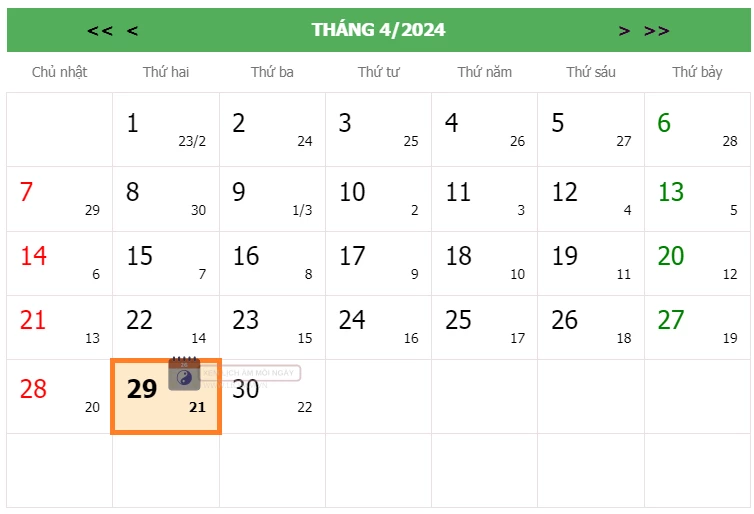 Lịch âm 29/4 - Lịch âm hôm nay 29/4 chính xác nhất - lịch vạn niên 29/4/2024