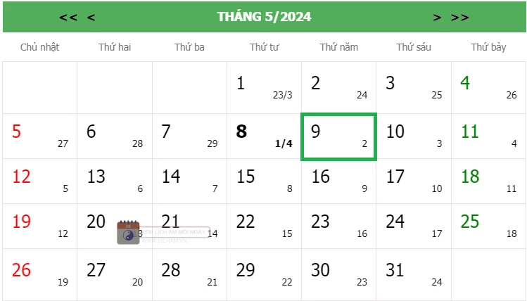 Lịch âm 9/5 - Âm lịch hôm nay 9/5 - lịch vạn niên 9/5/2024