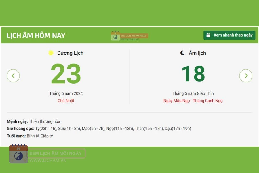 Lịch âm 23/6 - Âm lịch hôm nay 23/6 licham vn - lịch vạn niên 23/6/2024