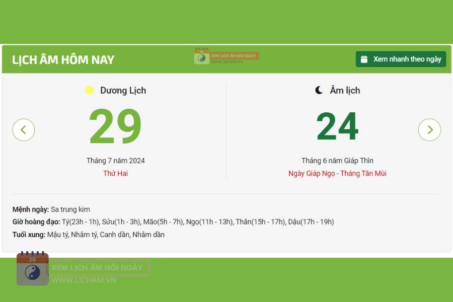 Lịch âm 29/7 - Âm lịch hôm nay 29/7 licham vn - lịch vạn niên 29/7/2024