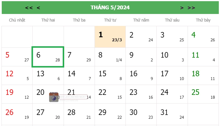 Lịch âm 6/5 - Âm lịch hôm nay 6/5 - lịch vạn niên 6/5/2024