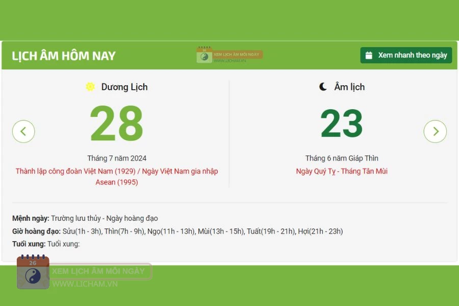 Lịch âm 28/7 - Âm lịch hôm nay 28/7 licham vn - lịch vạn niên 28/7/2024