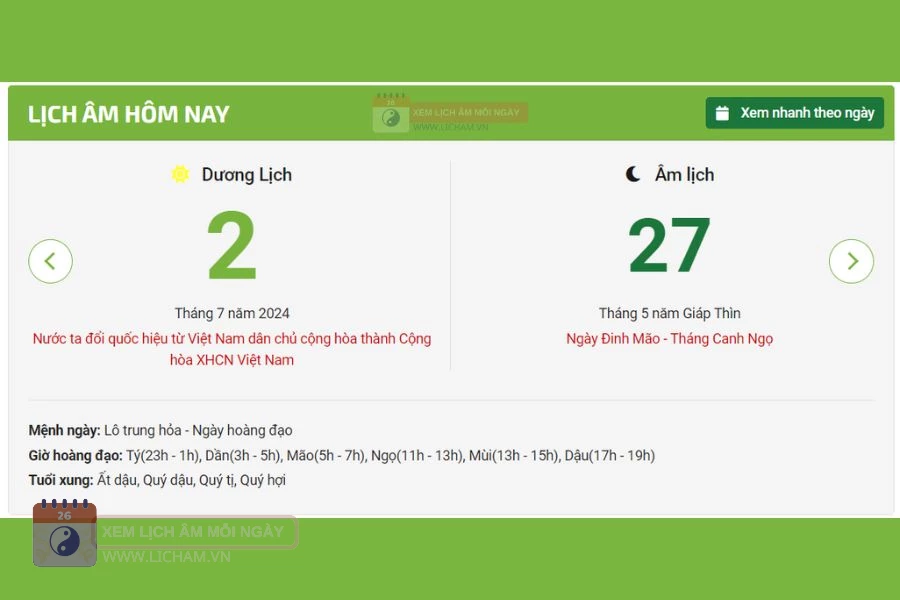 Lịch âm 2/7 - Âm lịch hôm nay 2/7 licham vn - lịch vạn niên 2/7/2024