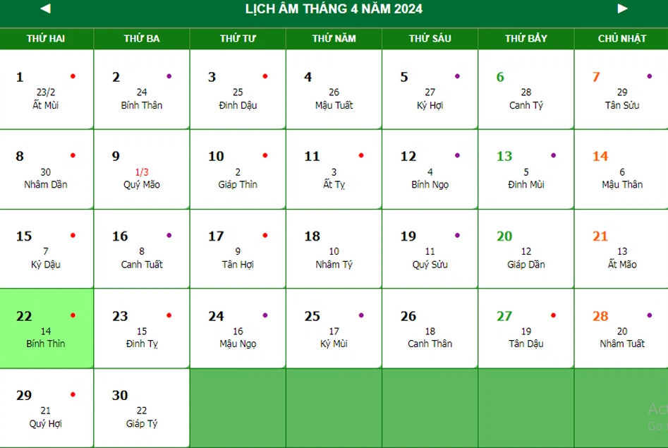 Ngày tốt theo lịch âm tháng 4/2024 - lịch tháng